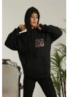 Kadın Oversize Kapüşonlu Cepli Baskılı 3 İplik Pamuklu Hoodie Sweatshirt - Siyah