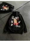 Kadın Oversize Kapüşonlu Cepli Baskılı 3 İplik Pamuklu Hoodie Sweatshirt - Siyah