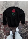 Kadın Oversize Kapüşonlu Cepli GÜL Baskılı 3 İplik Pamuklu Hoodie Sweatshirt - Siyah