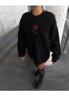 Kadın Oversize Kapüşonlu Cepli GÜL Baskılı 3 İplik Pamuklu Hoodie Sweatshirt - Siyah