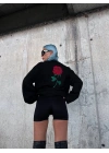 Kadın Oversize Kapüşonlu Cepli GÜL Baskılı 3 İplik Pamuklu Hoodie Sweatshirt - Siyah
