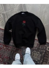Kadın Oversize Kapüşonlu Cepli GÜL Baskılı 3 İplik Pamuklu Hoodie Sweatshirt - Siyah