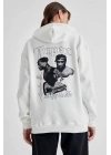 Kadın Oversize Kapüşonlu Cepli TUPAC Baskılı 3 İplik Pamuklu Hoodie Sweatshirt - Beyaz