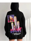 Kadın Oversize Kapüşonlu Cepli WANT Baskılı 3 İplik Pamuklu Hoodie Sweatshirt - Siyah