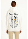 Kadın Oversize Kapüşonlu Kanguru Cepli Baskılı 3 İplik Pamuklu Sweatshirt Hoodie -   Beyaz