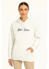 Kadın Oversize Kapüşonlu Kanguru Cepli Baskılı 3 İplik Pamuklu Sweatshirt Hoodie -   Beyaz
