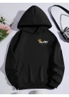 Kadın Oversize Kapüşonlu Kanguru Cepli Baskılı 3 İplik Pamuklu Sweatshirt Hoodie -   Siyah