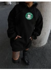 Kadın Oversize Kapüşonlu Kanguru Cepli Baskılı 3 İplik Pamuklu Sweatshirt Hoodie -   Siyah