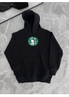 Kadın Oversize Kapüşonlu Kanguru Cepli Baskılı 3 İplik Pamuklu Sweatshirt Hoodie -   Siyah