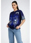 Kadın Oversize Tişört Dragon & Kuru Kafa Baskılı Bisiklet Yaka T-Shirt - Lacivert