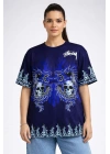 Kadın Oversize Tişört Dragon & Kuru Kafa Baskılı Bisiklet Yaka T-Shirt - Lacivert
