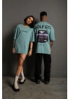 Kadın Oversize Tişört Golf GTI Retro Araba Baskılı T-shirt- Mint Yeşili
