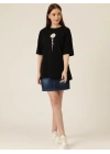 Kadın Papatya Baskılı T-Shirt Kısa Kol Bisiklet Yaka Oversize  Tişört - Siyah
