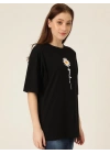 Kadın Papatya Baskılı T-Shirt Kısa Kol Bisiklet Yaka Oversize  Tişört - Siyah