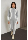 Kadın Premium Parçalı Eşofman Alt-Üst Takım - Dik Yaka Fermuarlı Sweatshirt - Gri