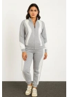 Kadın Premium Parçalı Eşofman Alt-Üst Takım - Dik Yaka Fermuarlı Sweatshirt - Gri