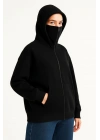 Kadın Samuray Ninja Çift Kapüşonlu Maske Detaylı 3 İplik Hoodie - Siyah