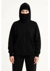 Kadın Samuray Ninja Çift Kapüşonlu Maske Detaylı 3 İplik Hoodie - Siyah
