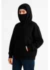 Kadın Samuray Ninja Çift Kapüşonlu Maske Detaylı 3 İplik Hoodie - Siyah