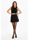 Kadın Siyah Krep Şortlu Etek Mini Boy Yüksel Bel Yırtmaç Detaylı - Siyah