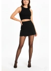 Kadın Siyah Krep Şortlu Etek Mini Boy Yüksel Bel Yırtmaç Detaylı - Siyah