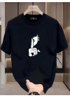 Kadın T-Shirt Bisiklet Yaka Kısa kol Baskılı Tişört - Siyah