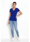 Kadın T-Shirt V Yaka Slim Fit Likralı Tişört Yazlık Basic Body - İndigo