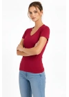Kadın T-Shirt V Yaka Slim Fit Likralı Tişört Yazlık Basic Body - Kırmızı