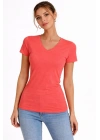 Kadın T-Shirt V Yaka Slim Fit Likralı Tişört Yazlık Basic Body - Nar Çiçeği