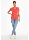 Kadın T-Shirt V Yaka Slim Fit Likralı Tişört Yazlık Basic Body - Nar Çiçeği