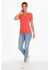 Kadın T-Shirt V Yaka Slim Fit Likralı Tişört Yazlık Basic Body - Nar Çiçeği