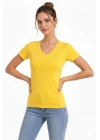 Kadın T-Shirt V Yaka Slim Fit Likralı Tişört Yazlık Basic Body - Sarı
