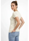 Kadın T-Shirt V Yaka Slim Fit Likralı Tişört Yazlık Basic Body - Taş