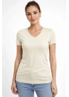 Kadın T-Shirt V Yaka Slim Fit Likralı Tişört Yazlık Basic Body - Taş