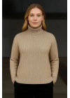 Kadın Tam Boğazlı Balıkçı Yaka Triko Kazak Kalın Fitilli - Bej