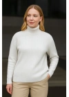 Kadın Tam Boğazlı Balıkçı Yaka Triko Kazak Kalın Fitilli - Beyaz