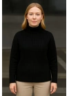 Kadın Tam Boğazlı Balıkçı Yaka Triko Kazak Kalın Fitilli - Siyah
