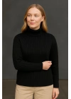 Kadın Tam Boğazlı Balıkçı Yaka Triko Kazak Kalın Fitilli - Siyah