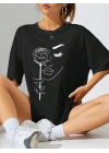 Kadın Tişört Baskılı Kısa kol Oversize T-shirt - Siyah