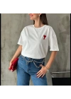 Kadın Tişört Bisiklet Yaka Baskılı Oversize Kısa Kol T-Shirt - Beyaz