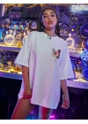 Kadın Tişört Kelebek Baskılı Oversize Kısa Kol T-Shirt - Beyaz