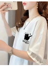 Kadın Tişört Penye Compack Tatlı Kedi Baskılı Bisiklet Yaka T-shirt - Beyaz