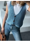 Kadın Triko Kolsuz dokuma Düğmeli Yelek - Mavi