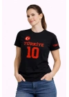 Kadın TÜRKİYE Ay Yıldız Baskılı 10 Numara Forma Tişört Taraftar T-Shirt - Siyah