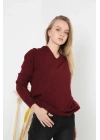 Kadın V Yaka Kazak Uzun Kol Düz Dokuma Triko - Bordo