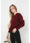 Kadın V Yaka Kazak Uzun Kol Düz Dokuma Triko - Bordo