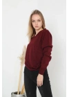 Kadın V Yaka Kazak Uzun Kol Düz Dokuma Triko - Bordo