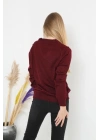 Kadın V Yaka Kazak Uzun Kol Düz Dokuma Triko - Bordo