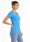 Kadın V Yaka Tişört Kısa Kol Slim Fit T-shirt 2li Set Nar Çiçeği-Açık Mavi