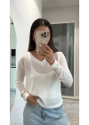 Kadın V Yaka uzun Kollu Triko ince Bluz - Beyaz